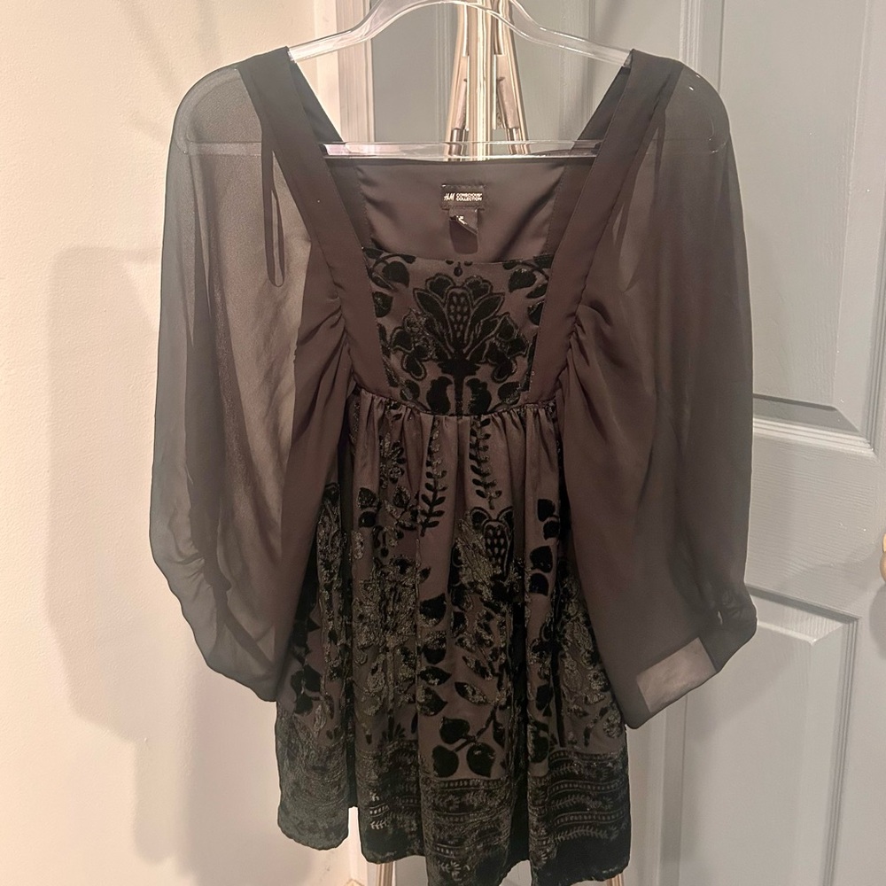 H&M Conscious Collection‎ Black Burnout Sheer velvet babydoll Blouse